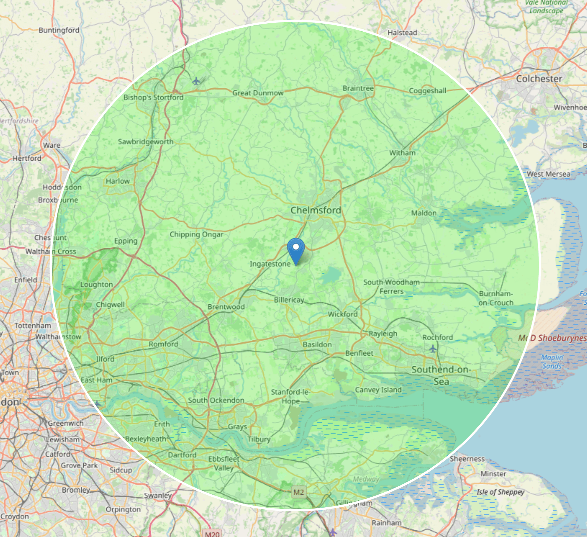 Map showing Stock, Essex and 20 mile service radius